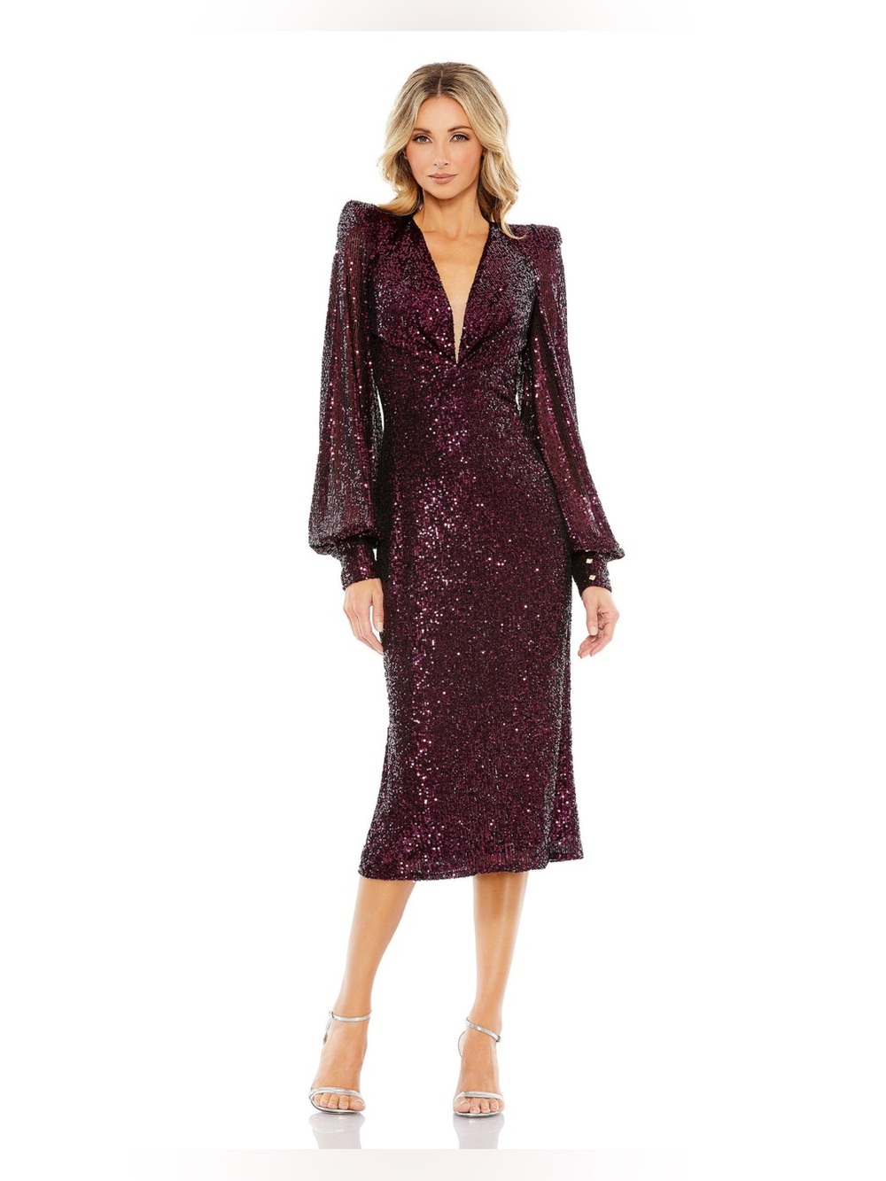 NWT Mac Duggal Sequined Midi Dress Magenta Size 4 Plunging Neck Bishop Sleeve